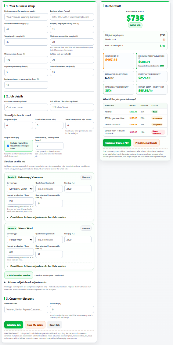 Screenshot of the MAKITPAY pressure washing quote calculator